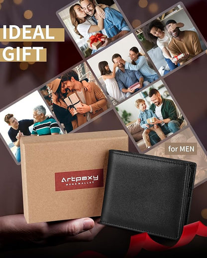 Mens Wallet Bifold Genuine Leather RFID Blocking Wallet for Men with 2 ID Windows 11 Card Holders 2 cash pockets 1 Gift Box