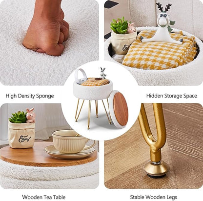 Wimarsbon Storage Ottoman,Teddy Velvet Vanity Stool,Soft Padded Seat,Round Footrest with Removable Cover and Adjustable Legs,Modern Decorative Accent Footstool or End Table for Hallway (White)