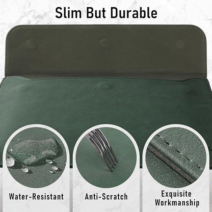 Allinside 13 Inch Laptop Sleeve Case for MacBook Air 13 2018-2025/MacBook Pro 13 2016-2022/Macbook Pro 14 2021-2024, Waterproof PU Leather Horizontal Envelope Protective Case Cover, Dark Green
