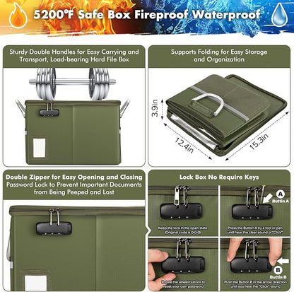 TOMKID 5200°F Fireproof Document Box, Fire Important Document Organizer with Lock, Upgraded Heat Insulated Filing Storage Cabinet Office Organization (5200°F Fireproof Box, Green)