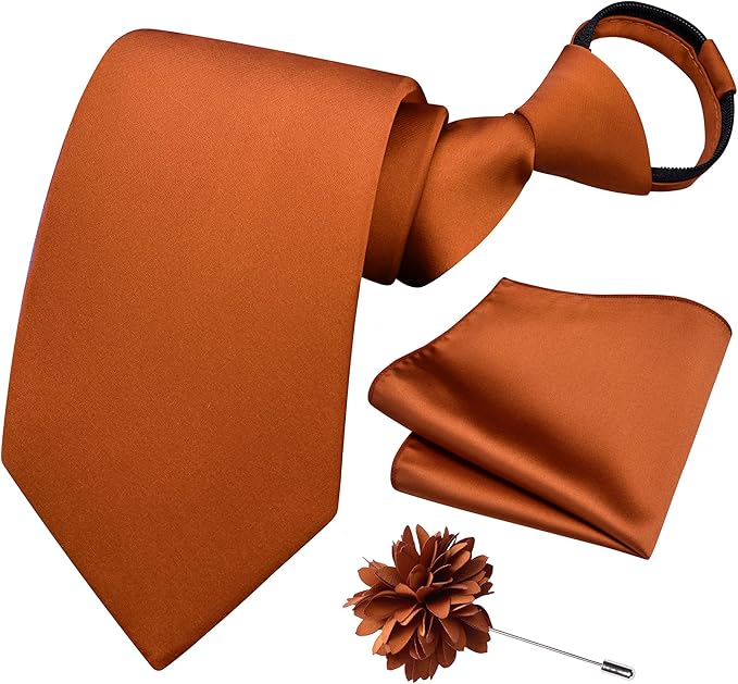 Branduce 3.15"（8cm） Pre-tied Adjustable Zipper Tie and Lapel Pin Solid Necktie Handkerchief Set for Men