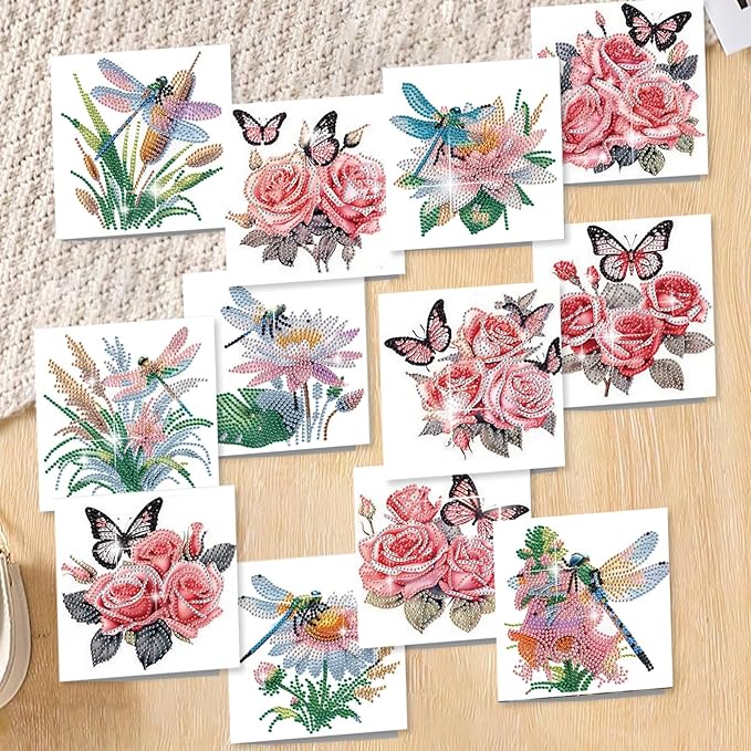 jinglinhh 12pcs Diamond Art Painting Butterfly Flower Dragonfly Daisy Rose Lotus Greeting Cards with Envelopes, DIY Card Making Kits for Adults, Diamond Art Birthday Cards Craft Gifts