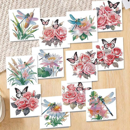 jinglinhh 12pcs Diamond Art Painting Butterfly Flower Dragonfly Daisy Rose Lotus Greeting Cards with Envelopes, DIY Card Making Kits for Adults, Diamond Art Birthday Cards Craft Gifts