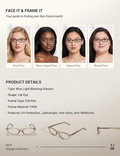 TIJN Olisa Blue Light Blocking Glasses for Women Men,Oval Glasses Frame Bluelight Glasses for Gaming/Computer/Screen