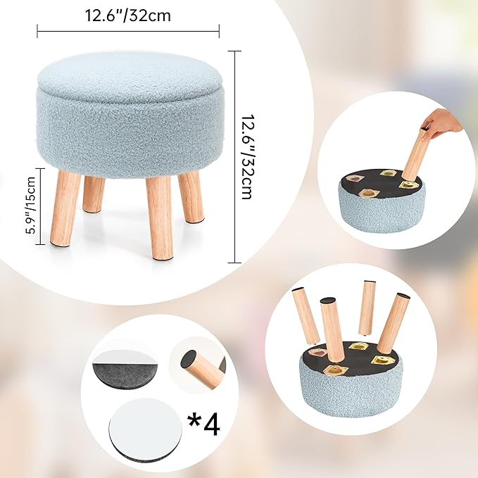 Poofzy Small Ottoman with Storage, Small Foot Stool Ottoman with Wood Legs, Sherpa Foot Rest for Couch, Living Room and Bedroom - Light Blue