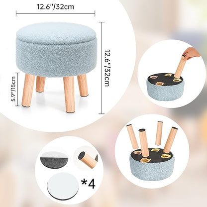 Poofzy Small Ottoman with Storage, Small Foot Stool Ottoman with Wood Legs, Sherpa Foot Rest for Couch, Living Room and Bedroom - Light Blue