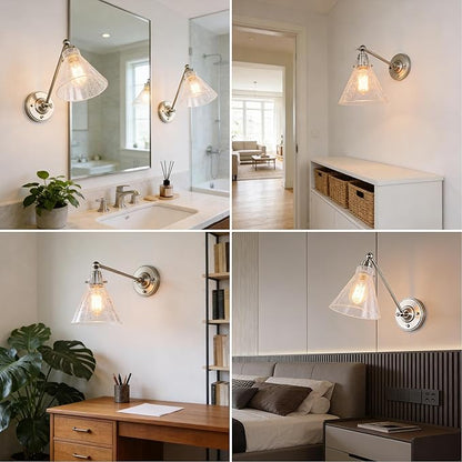 Industrial Vintage Slope Pole Wall Mount Single Sconce with Funnel Flared Clear Glass Shade, Swing Arm Wall Sconce Light Lamp Fixture Hardwired