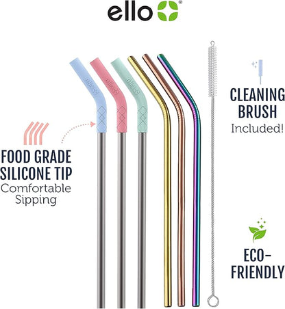 Ello Impact 6 Pack Reusable Metal Straws with Silicone Tips Made from Stainless Steel, Dishwasher Safe, BPA-Freewith Cleaning Brush, Summer Glow