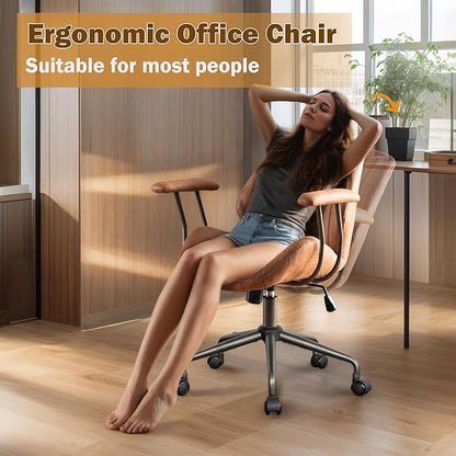Home Office Desk Chair Adjustable Height, Ergonomic Executive Office Chair with Armrests, Rolling Comfy Desk Chair with Lumbar Support, Mid Century Modern Suede Leather, Brown