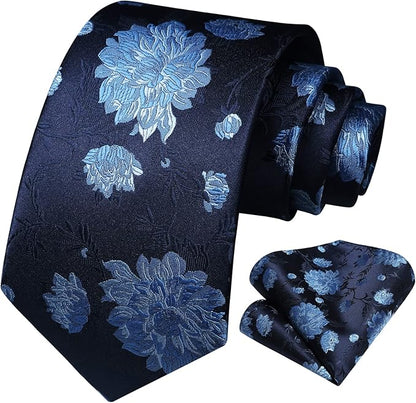 HISDERN Men Floral Ties Woven Classic 3.4" Necktie Set Formal Tie Pocket Square for Wedding with Handkerchief Gift Box