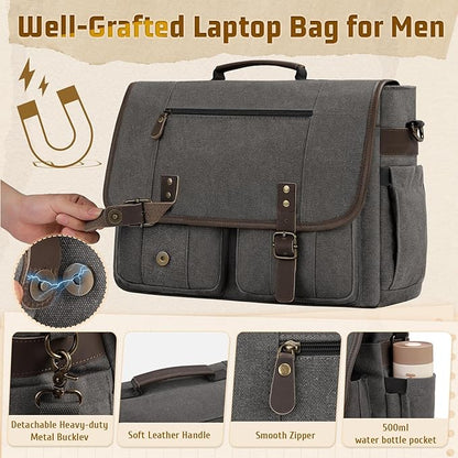 RAINSMORE Mens Messenger Bag 17-17.3 Inch Vintage Canvas Briefcase Water-resistant Large Computer Laptop Bag Rugged Satchel Shoulder Bag for Work Travel, Bookbag for College