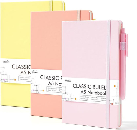 feela 3 Pack Hardcover Notebook For Women, Classic Ruled Lined Journal Set School Business Supplies, with 3 Black Pens, 120 GSM, 5.1”x8.3”, A5, Pastel Colors, Light Yellow, Light Pink, Pale Orange