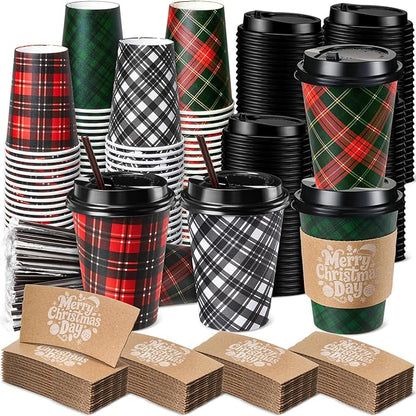 Lallisa 100 Sets Christmas Disposable Coffee Paper Cups Bulk with Lids Sleeves & Straws, 12 oz Xmas Red and Green Buffalo Plaid Cups for Hot Cold Cocoa Tea Holiday Party Supplies