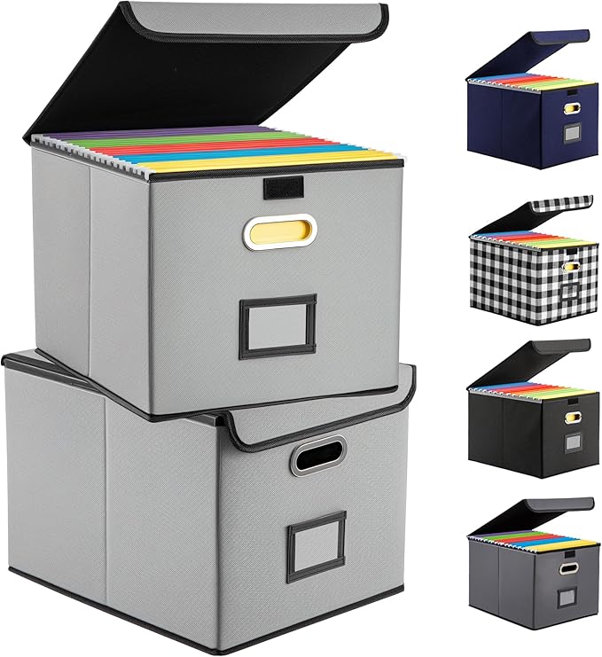 Collapsible File Box with Lid & Plastic Slide - Hanging Document Organizer for Office/Home, 14.96x12.6x10.83 Inch,Decorative Home File Bin,Light Grey,2 Pack (No Folders Included)