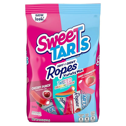SweeTARTS Ropes Candy, Variety Mix, Cherry Punch, Twisted Rainbow Punch, Tangy Strawberry, Soft and Chewy, 15 oz