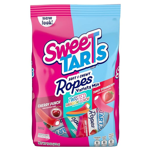 SweeTARTS Ropes Candy, Variety Mix, Cherry Punch, Twisted Rainbow Punch, Tangy Strawberry, Soft and Chewy, 15 oz