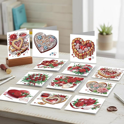 jinglinhh 12pcs Valentine's Day Diamond Art Painting Rose Flower Love Heart Cake Greeting Cards with Envelopes, DIY Card Making Kits for Adults, Diamond Art Holiday Birthday Cards Craft Gifts