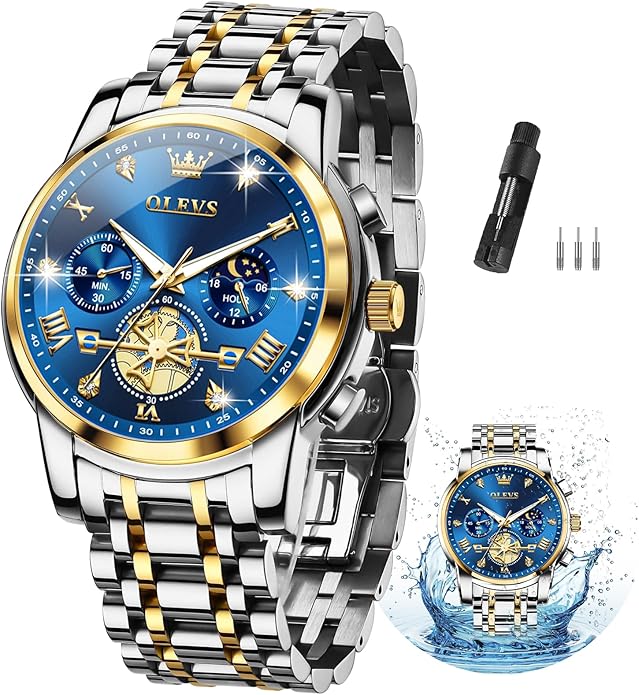 OLEVS Men Silver Watches,Men's Stainless Steel Chronograph Watch,Man Analog Quartz Big Face Male Watches Luxury Waterproof Roman Numeral Dress Diamond Relojes para Hombre