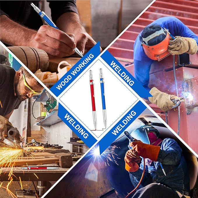 2 Pcs Welders Pencil with 48 PCS Round Refills Mechanical Pencils Metal Welding Marker for Tube Pipe Fitter Welder Steel Construction Woodworking (Red, Silver, Yellow)