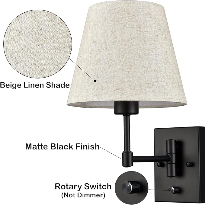 SAMTEEN Swing Arm Wall Sconces Set of Two Modern Black Sconce Light Plug in Wall Sconce with Shade, Black Swing Arm Wall Lamp with Plug in Cord for Bedroom Foyer Living Room