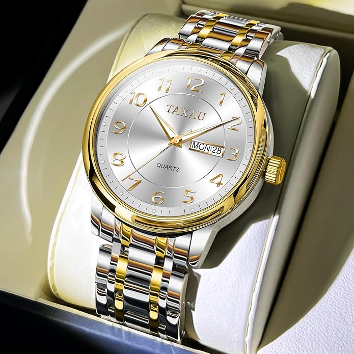 Stainless Steel Mens Watches with Day Date Quartz Analog Large Face Classic Watch Arabic Numerals Dress Luminous Rlojes para Hombres