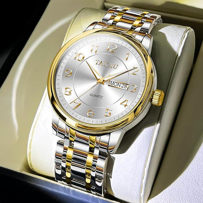 Stainless Steel Mens Watches with Day Date Quartz Analog Large Face Classic Watch Arabic Numerals Dress Luminous Rlojes para Hombres