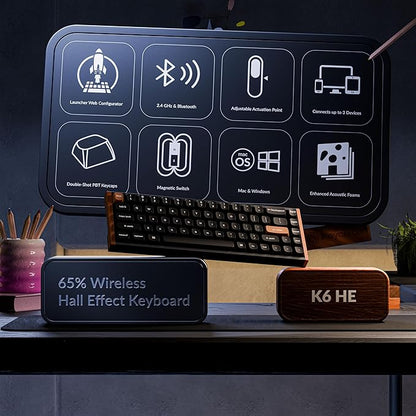 Keychron K6 HE 65% Wireless Mechanical Keyboard, 2.4GHz & Bluetooth, Gateron Double-Rail Magnetic Switch, Double-Shot PBT Keycaps, Aluminum & Wooden Frame, Compatible with Windows/Mac – Black