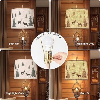 Scenekoy Rustic Farmhouse Antlers Floor Lamp with Nightlight Brown Finish Round Shade Lamps for Living Room Bedroom Office Study House