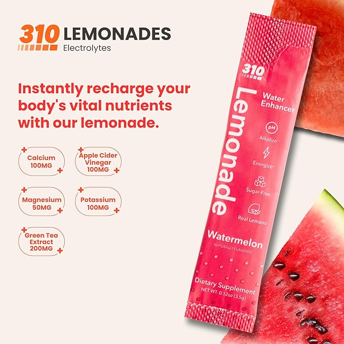 310 Nutrition Electrolyte Lemonade Powder No Sugar - Watermelon Water Flavoring Packets - Hydration & Energy Drink Mix - Zero Sugar, Low Calorie Water Enhancer - 30 Singles - Made in The USA