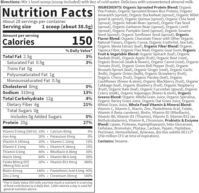Garden of Life Meal Replacement Shakes, Raw Organic, Chocolate Protein Powder with Plant Based Pea Protein, Sprouts, Greens, Probiotics, Dairy Free 28 Servings