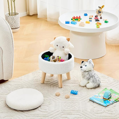 Mxfurhawa Versatile Storage Ottoman, Round Footstool with Soft Padded Seat, Small End Table with 4 Wood Legs, Teddy Velvet Foot Rest for Couch,Shoe Changing Stool for Living Room (Cream)