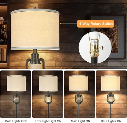 Farmhouse Lantern Floor Lamp with Tray for Living Room with Nightlight Vintage Tall Lamp with Linen Fabric Shade Industrial Standing Lamp for Bedroom Office Home House Study(Bulb Included)