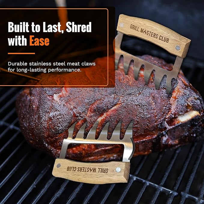 Grill Masters Club Meat Claws | Stainless Steel Pulled Pork Shredding Claws with Wooden Handle | BBQ Meat Claw for Shredding, Lifting & Serving Pork, Brisket | Perfect Grilling Gift for Men & Women