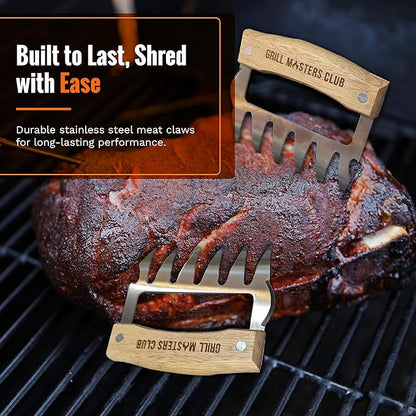 Grill Masters Club Meat Claws | Stainless Steel Pulled Pork Shredding Claws with Wooden Handle | BBQ Meat Claw for Shredding, Lifting & Serving Pork, Brisket | Perfect Grilling Gift for Men & Women