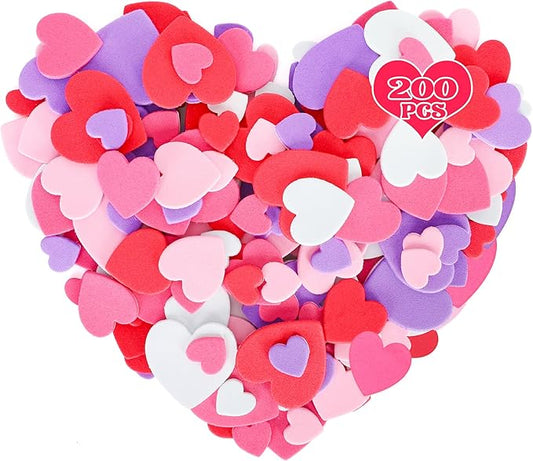 200 PCS Foam Valentines Stickers, Self-Adhesive Heart Stickers Valentine Decor, Matte Heart Foam Stickers, 3 Sizes Valentines Sticker Pink White Red Valentine Craft Supplies Adults Decoration