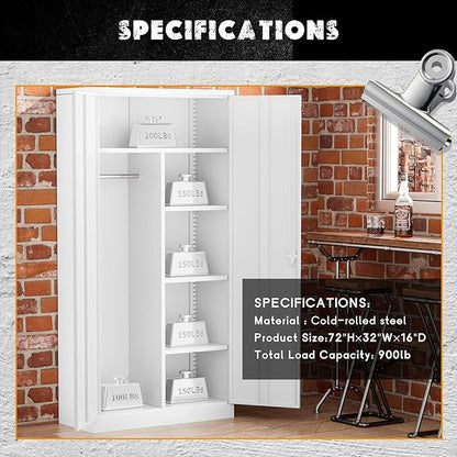Greenvelly Metal Storage Cabinet with 2 Doors, White 72” Steel Storage Wardrobe Cabinet, Employees Locker Closet Clothing Coat Steel Wardrobe Cabinet with Hanging Rod for Garage, Gym, Home Office