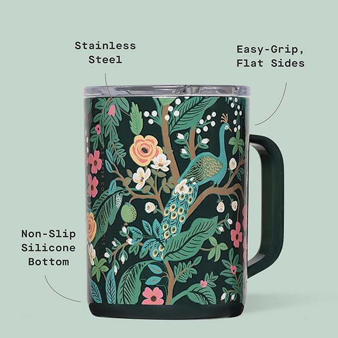 Corkcicle x Rifle Paper Co. Triple Insulated Coffee Mug with Lid & Handle - Keeps Beverages Hot for 3+ Hours - Gift for Mom - Great for Mother's Day or Christmas - 16 oz - Peacock Blue