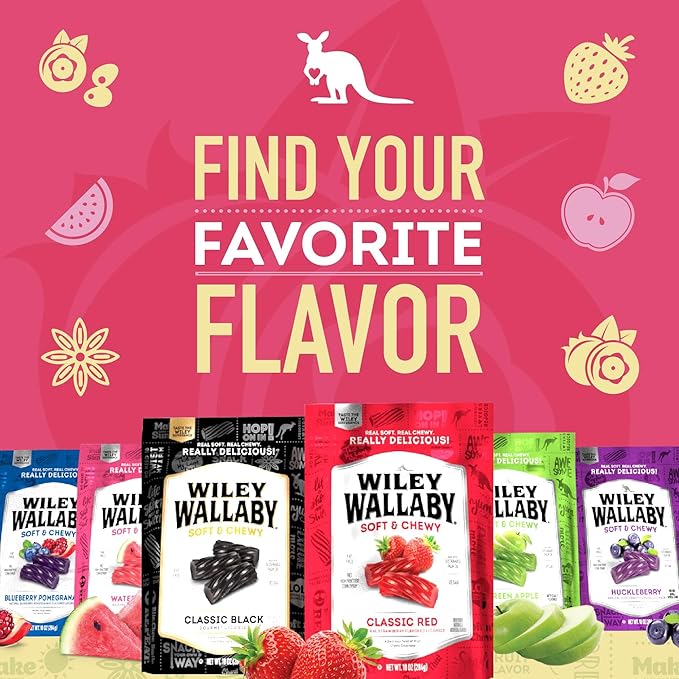 Wiley Wallaby Licorice 10 Ounce Variety Pack - Huckleberry, Apple & Watermelon Classic Gourmet Australian Style Soft & Chewy Licorice Candy - Pack of 3