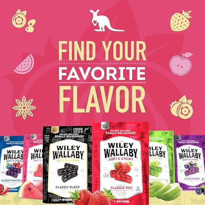 Wiley Wallaby Licorice 10 Ounce Variety Pack - Huckleberry, Apple & Watermelon Classic Gourmet Australian Style Soft & Chewy Licorice Candy - Pack of 3