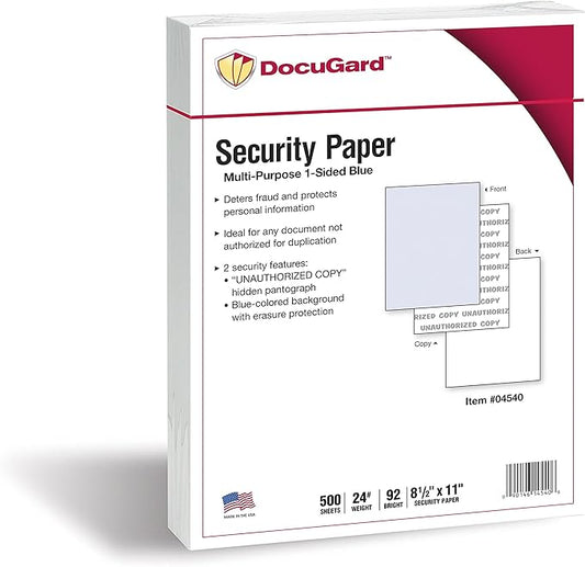 DocuGard Standard Blue Multi-Purpose Security Paper - Fraud Prevention - 2 Security Features - Laser & Inkjet Printer Compatible - 8.5" x 11“ - 24 lb - 500 Sheets (04540)