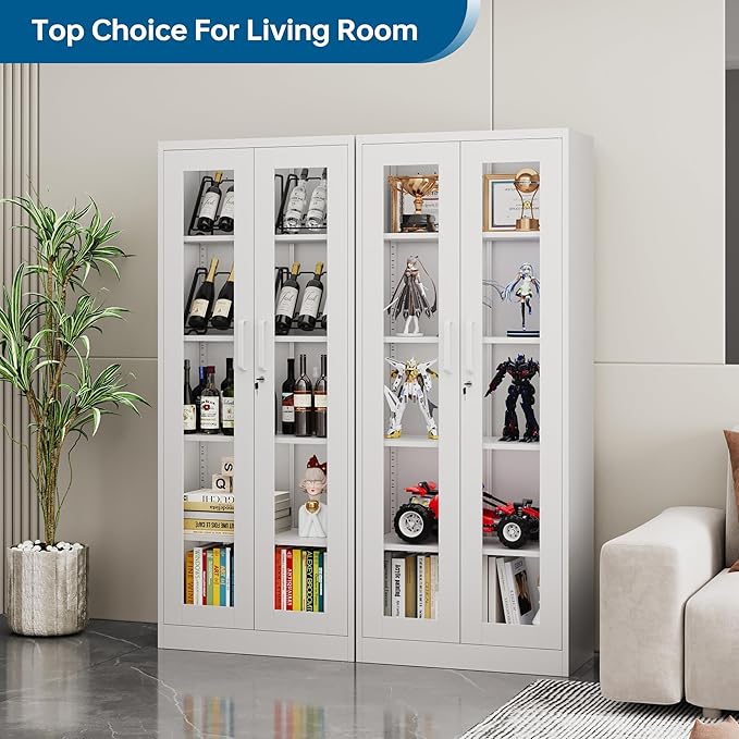 Display Storage Cabinet with Glass Door, 67 Inches Metal Curio Cabinet with 4 Adjustable Shelves, Lockable Glass Display Case for Home, Office, Clinic, Pantry, Assemble Required (White)