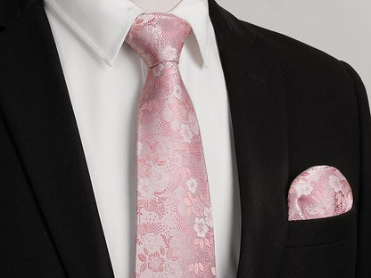 HISDERN Men Floral Ties Woven Classic 3.4" Necktie Set Formal Tie Pocket Square for Wedding with Handkerchief Gift Box