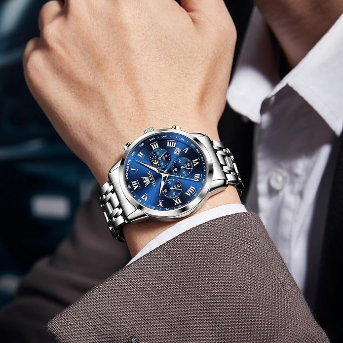 OLEVS Mens Stainless Steel Chronograph Watch, Big Face Roman Numerals Date Analog Quartz Dress Watches for Men, Fashion Multifunctional Waterproof Luminous Hands Men's Wristwatch