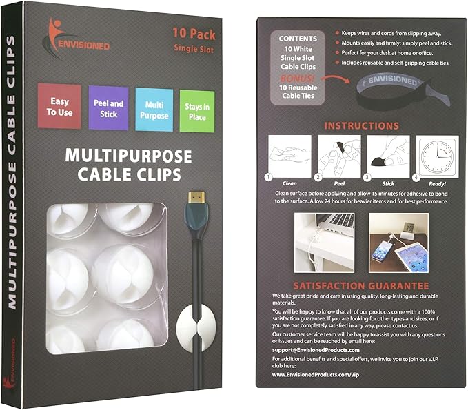 Cable Clips with 3M Self Adhesive, Cord Organizer for Desk Cable Management - 10 Pack of White Cable Clips (1 Slot) for Home, Office or Nightstand, Bundled with 10 Reusable Cable Ties - ENVISIONED