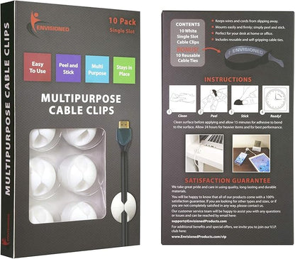 Cable Clips with 3M Self Adhesive, Cord Organizer for Desk Cable Management - 10 Pack of White Cable Clips (1 Slot) for Home, Office or Nightstand, Bundled with 10 Reusable Cable Ties - ENVISIONED