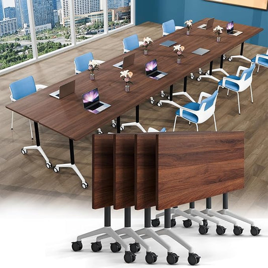 Conference Table, Foldable Conference Room Tables with Silent Wheels, Folding Modular Seminar Meeting Tables, Modern Rectangle Training Table for Office, Boardroom (4, Walnut2, 55.1)