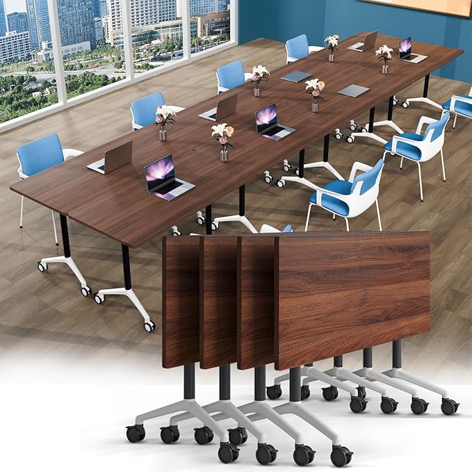 Conference Table, Foldable Conference Room Tables with Silent Wheels, Folding Modular Seminar Meeting Tables, Modern Rectangle Training Table for Office, Boardroom (4, Walnut2, 70.8)