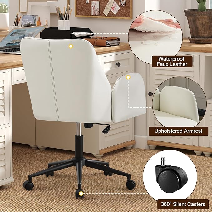 Furniliving Home Office Desk Chair, Ergonomic Leather Office Chair with Wheels, Comfortable Rolling Task Chair Adjustable Height, White