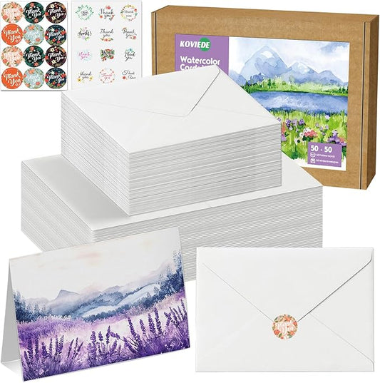 50 Pack Foldable Blank Watercolor Cards with Envelopes 4 x 6 Inch, 140lb Heavyweight, 100% Cotton, White, Acid-Free Water color Cards to Paint or Cards Making for Christmas Birthday
