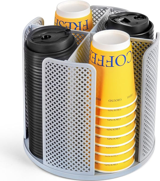 4-Compartment Rotating Paper Cup Holder & Coffee Cup Lid Storage Dispenser, Plastic Cup Dispenser Removable, Space-Saving Countertop Cup Holder for Coffee Bars, Kitchens (Grey)